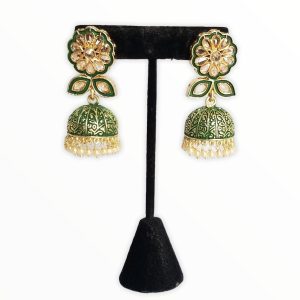 Reverse AD Jhumka Earrings in Green, Gajari, Rani Pink color - JIA34