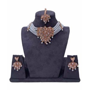 Reverse AD Choker Necklace Set in Rose Gold finish - JIA61 (White)
