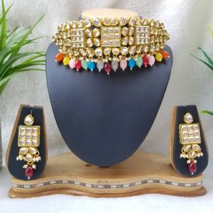 Kundan Necklace Set with Meenakari work in Multicolor JIA161