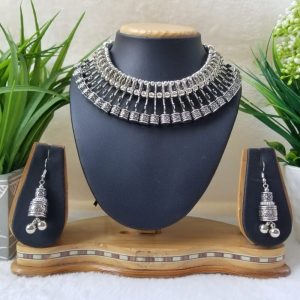 Traditional Oxidized Key & Lock design Necklace Set in Silver Finish JIA184