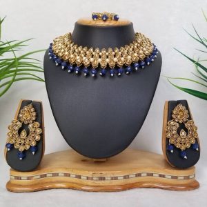 Traditional Reverse AD Choker Necklace Set in Montana (Dark Blue) Color JIA521