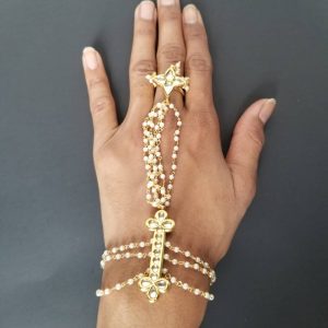 Traditional Kundan One Finger Haathpanja in White Pearls and Gold Finish JIA504