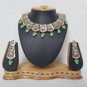 Antique Traditional Mirror Necklace Set in Mint and Gold Finish JIA723