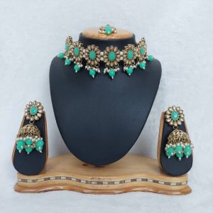 Traditional Reverse AD Choker Necklace Set in Mehendi Finish and Mint Color JIA824