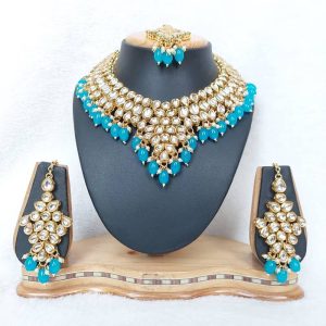 Traditional Kundan Necklace Set in Sky Blue Color and Gold Finish JIA844