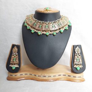Antique Traditional Mirror Necklace Set in Mint and Gold Finish JIA1145