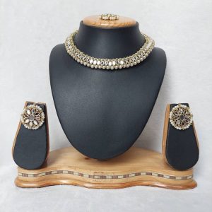 Antique Traditional Mirror Necklace Set in White and Mehendi Finish JIA1155