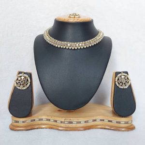 Antique Traditional Mirror Necklace Set in White and Mehendi Finish JIA1158