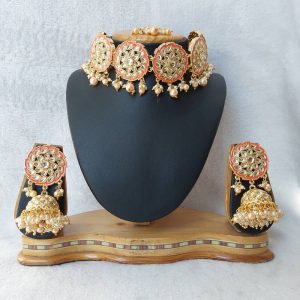 Kundan Choker Necklace Set in Gold finish  JIA1184 (Gajari Color)