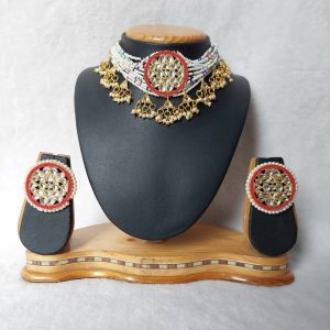 Traditional Minakari Kundan Choker Necklace Set in Maroon Color with White Pearls JIA1190