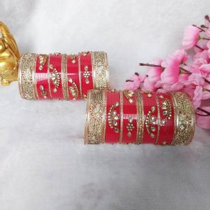 Traditional Stone Chuda/Chura/Chooda Bangles in Red and Gold Finish JIA1223