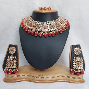 Antique Traditional Mirror Necklace Set in Red and Gold Finish JIA1319