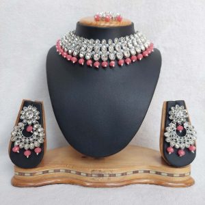 Traditional Reverse AD Necklace Set in Rhodium Finish and Gajari (Carrot) Color JIA1486