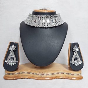 Antique Traditional Mirror Necklace Set in White and Rhodium Finish JIA1418
