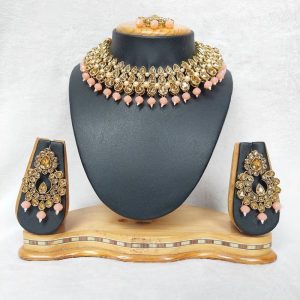 Traditional Reverse AD Necklace Set in Peach Color JIA1429