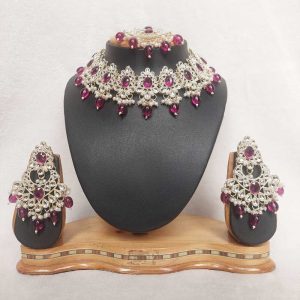 Kundan Choker Necklace Set in Gold finish in Wine (Dark Purple) Color JIA1840