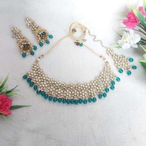 Kundan Choker Necklace Set in Gold finish in Rama Green Color JIA1971