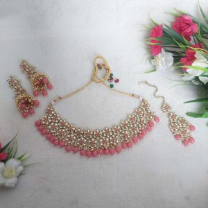 Kundan Choker Necklace Set in Gold finish in Gajari(Carrot) Color JIA1972