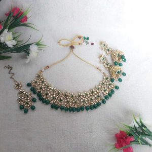 Kundan Choker Necklace Set in Gold finish in Dark Green (Emerald Green) Color JIA1973