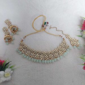 Kundan Choker Necklace Set in Gold finish in Light Mint Color JIA1974
