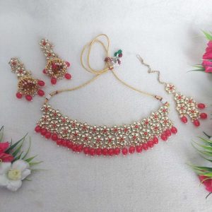 Kundan Choker Necklace Set in Gold finish in Red Color JIA1976