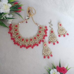 Kundan Necklace Set in Gold finish in Red Color (JIA2063)