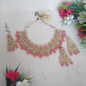 Kundan Necklace Set in Gold finish in Gajari(Carrot) Color (JIA2065)