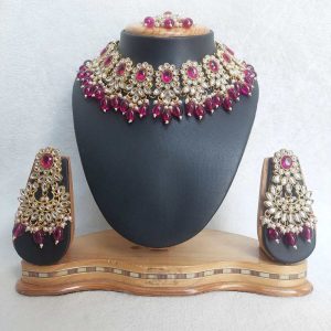 Traditional Kundan Necklace Set in Wine(Dark Purple) Color and Gold Finish JIA2070