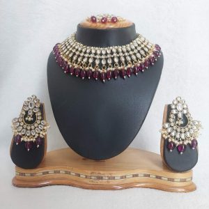 Traditional Kundan Necklace Set in Wine(Dark Purple) Color and Gold Finish JIA2081