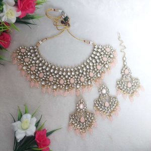 Kundan Necklace Set in Gold finish in Light Peach Color (JIA2086)