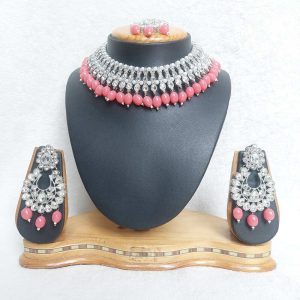 Traditional Reverse AD Necklace Set in Rhodium Finish and Gajari (Carrot) Color (JIA2094)