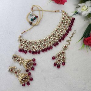 Kundan Choker Necklace Set in Gold finish in Rani Pink Color JIA1963